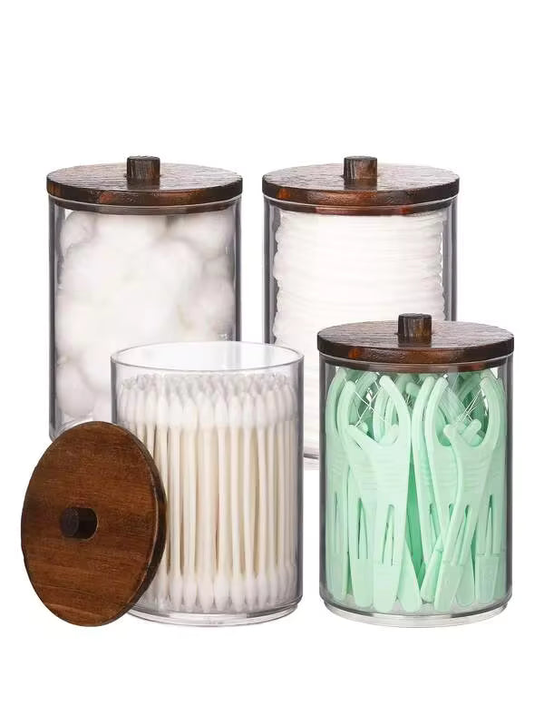 4pcs Dispenser With Bamboo Cap Stand For Cleaning Swabs, Round Pads, Dental Floss Sticks - 10oz Clear Plastic Apothecary Jar Set For Bathroom Vanity Storage Organizer, Dresser Makeup Box