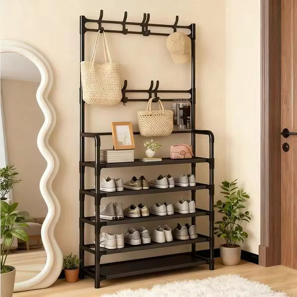 Coat Rack With 5 Tiers Of Multi-Functional Metal Hooks And 8 Double Hooks - A Space-Saving Storage Solution Suitable For Entryways, Living Rooms, And Hallways - A Freestanding Shoe Rack Provides Ample Storage Space.